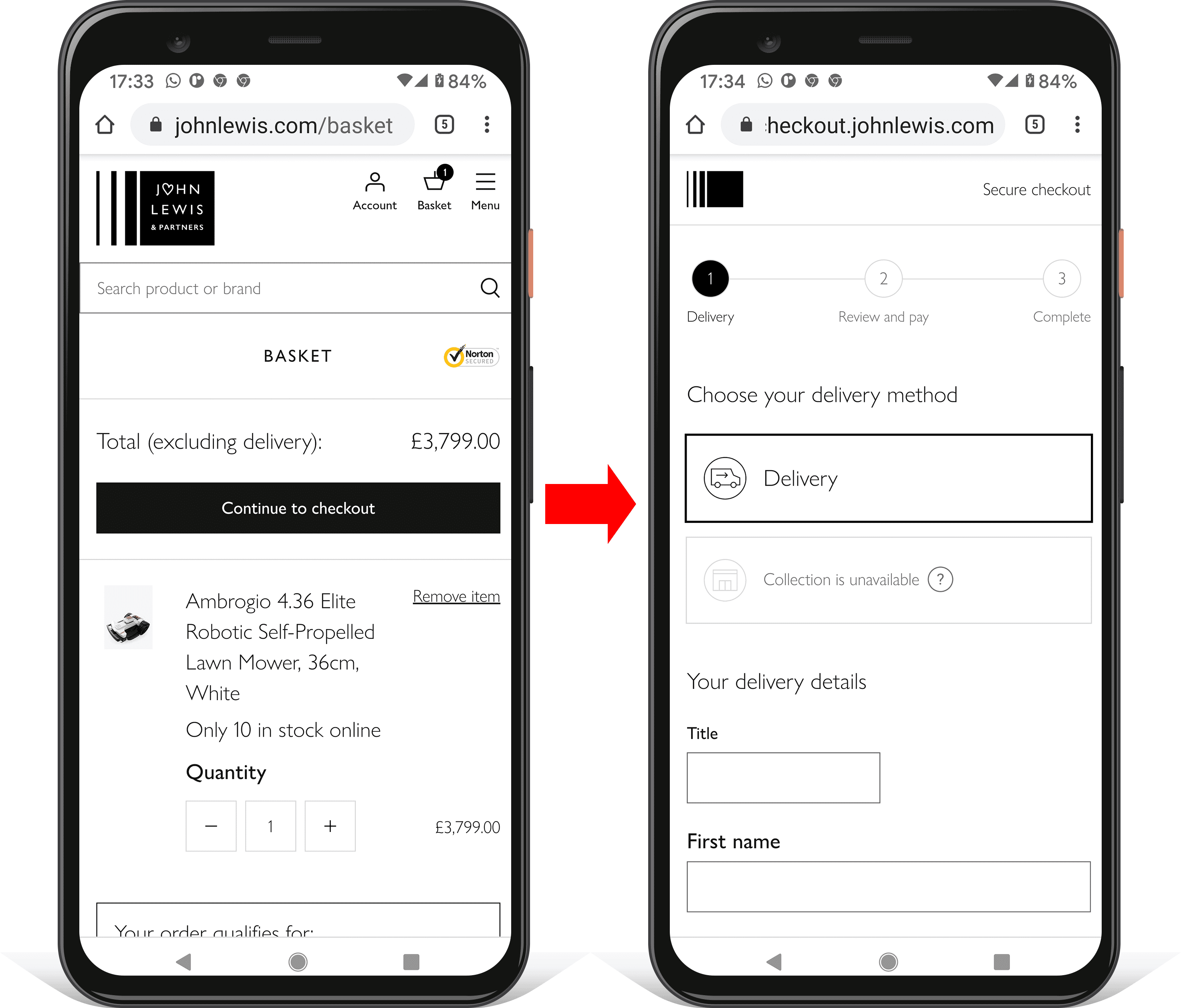Zwei Screenshots auf einem Mobilgerät, die den Fortschritt an der Kasse auf johnlewis.com zeigen. Suchanfragen, Navigation und andere Ablenkungen werden entfernt.