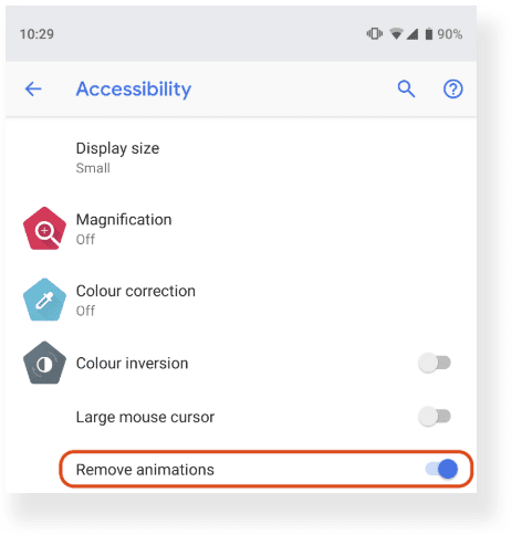 หน้าจอการตั้งค่า Android ที่มีช่องทำเครื่องหมาย "นำภาพเคลื่อนไหวออก" เลือกไว้